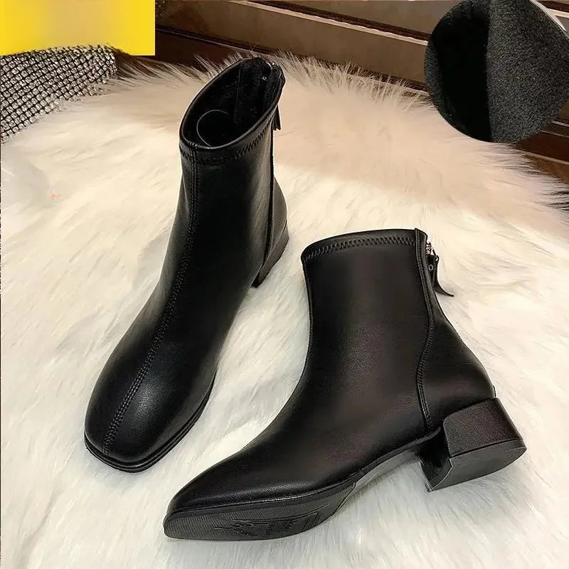 Women's Winter Short Boots White Fleece Lined Square Toe Booties Spring Autumn Seasonal Fashionable Thick Heel Ankle Boots