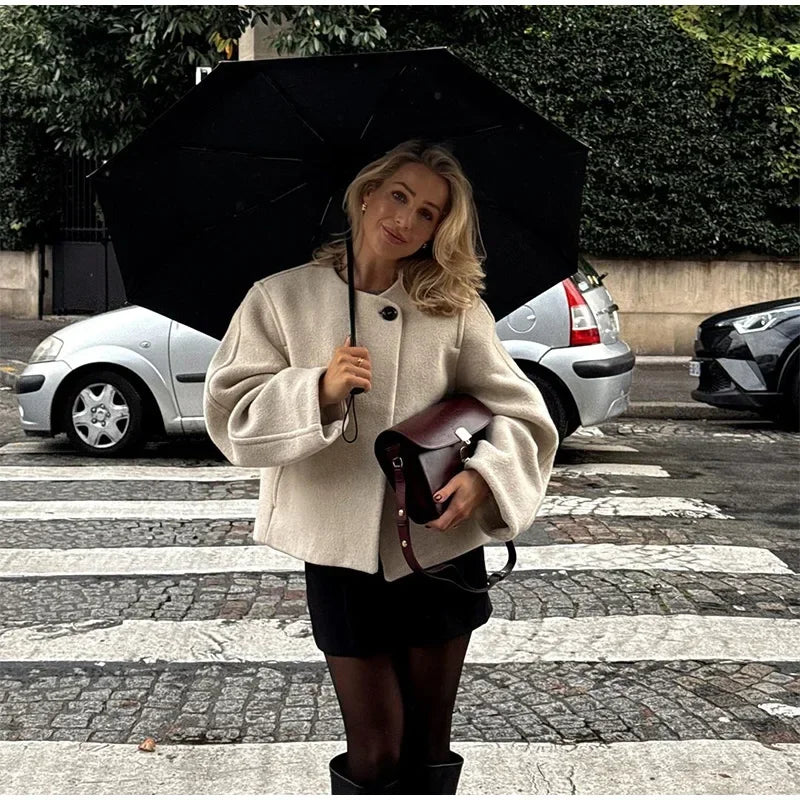 Fashion Women Solid Round Neck Woolen Short Coat Elegant Full Sleeve One Button Loose Women's Jacket 2024 Fall Winter Daily Wear