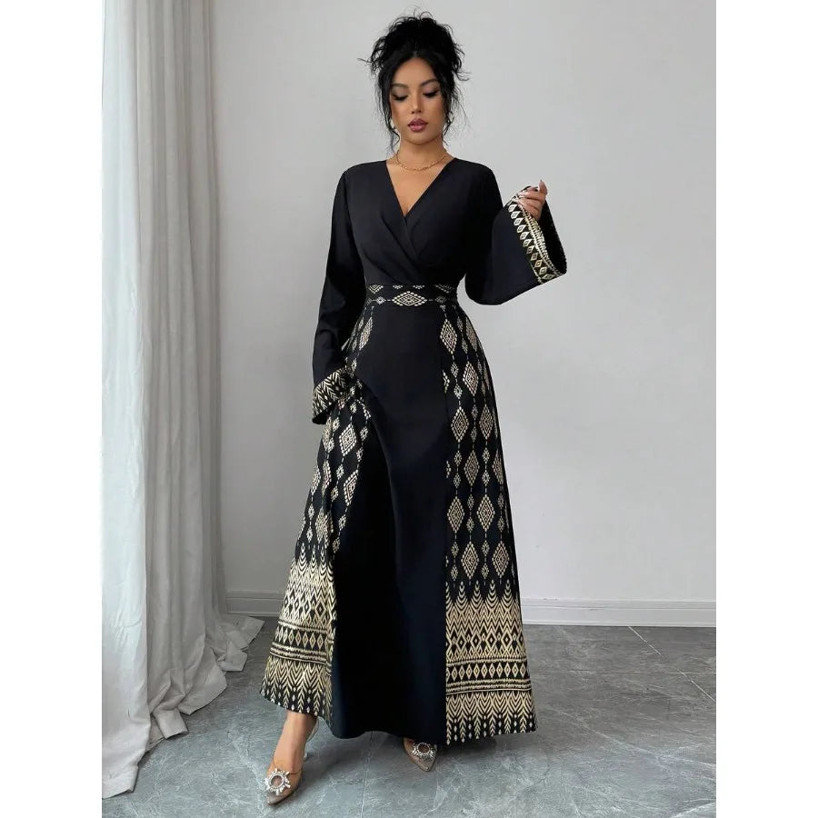 【Spot goods】Rafferiza V-Neck Pleated Fashionable And Simple Elegant And Sophisticated Fairy-Like Long-Sleeved Black And Gold Ho