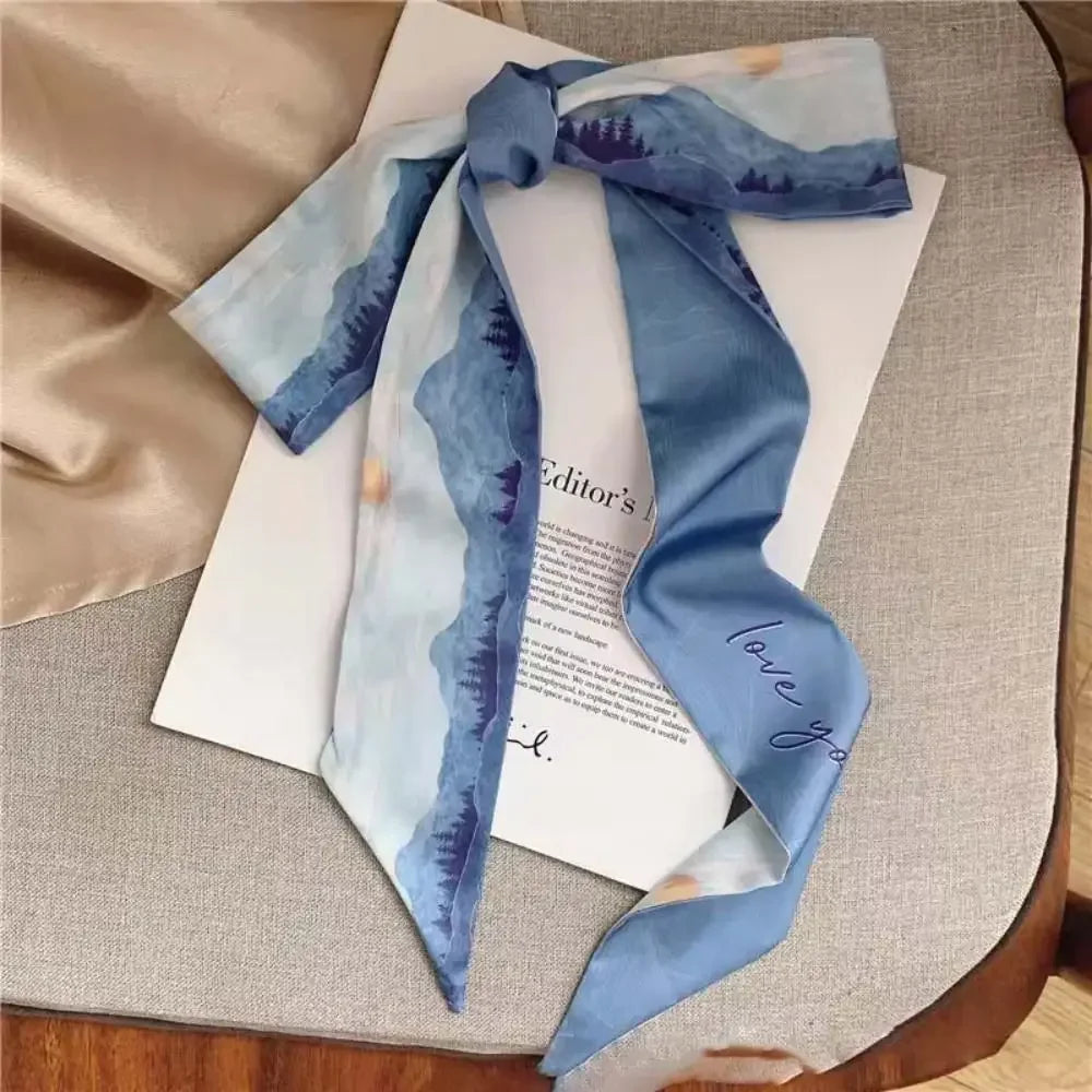1pc French Scarf Butterfly Tie Hair Retro Oil Print Hair Ribbon Scarf Women Neck Tie Bag Headscarves Floral Bands Headband