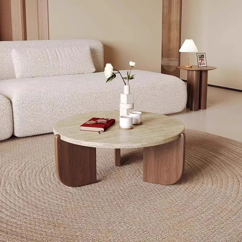 Wabi Sandy Wind Solid Wood Travertine Coffee Table Minimalist Small Tea Table Small Apartment Living Room Household Round Balcon