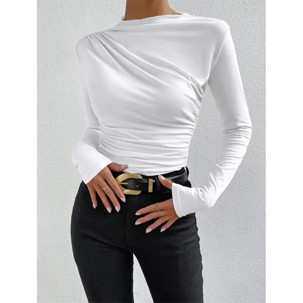 Women's Pleated Long Sleeve T-Shirt Bodycon Fit Polyester Spandex Blend Drawstring Closure  Color European Style Top