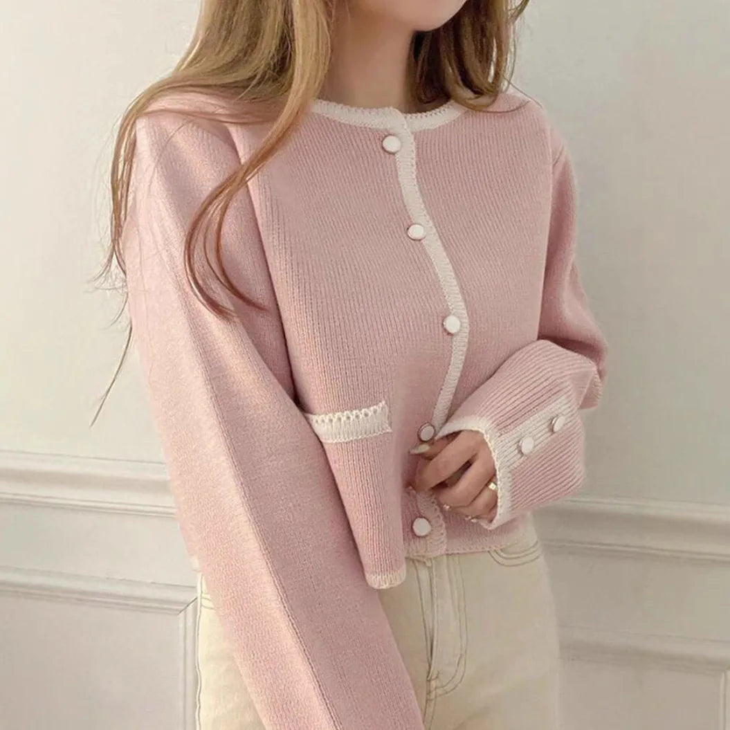 Chic Contrast Color Round Neck Single Button Knit Cardigan Sweater