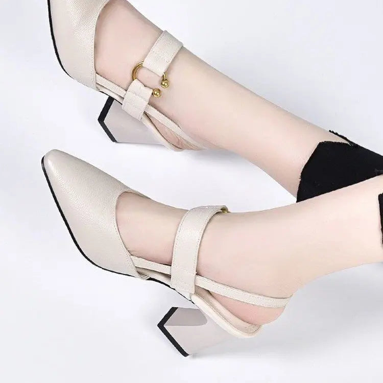 Summer New Women's Backheel Sandals, Square-toed Horseshoe Heel High Heel Fashionable Casual Leather Women's Shoes