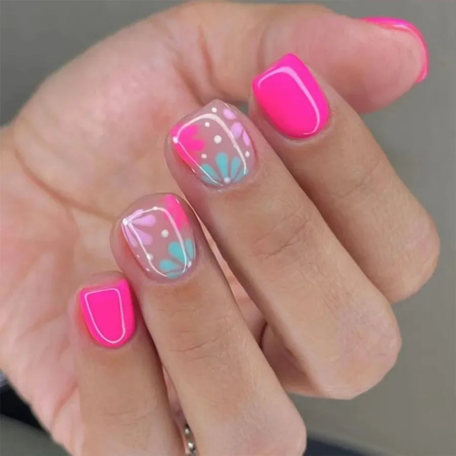 24Pcs Short Almond Press-On Nails Pink Floral French Tip Glossy&Elegant Full Cover Fake Nails for Women&Girls Spring,Daily Wear