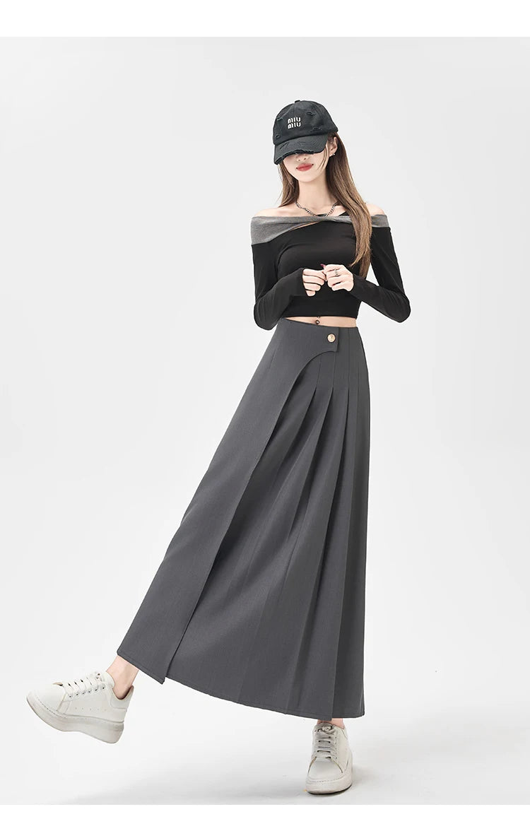 SMTHMA Women's High-Waisted Slimming Solid A- Line Skirt New Fashionable Big Umbrella Skirt Autumn/Winter Season Long Skirt