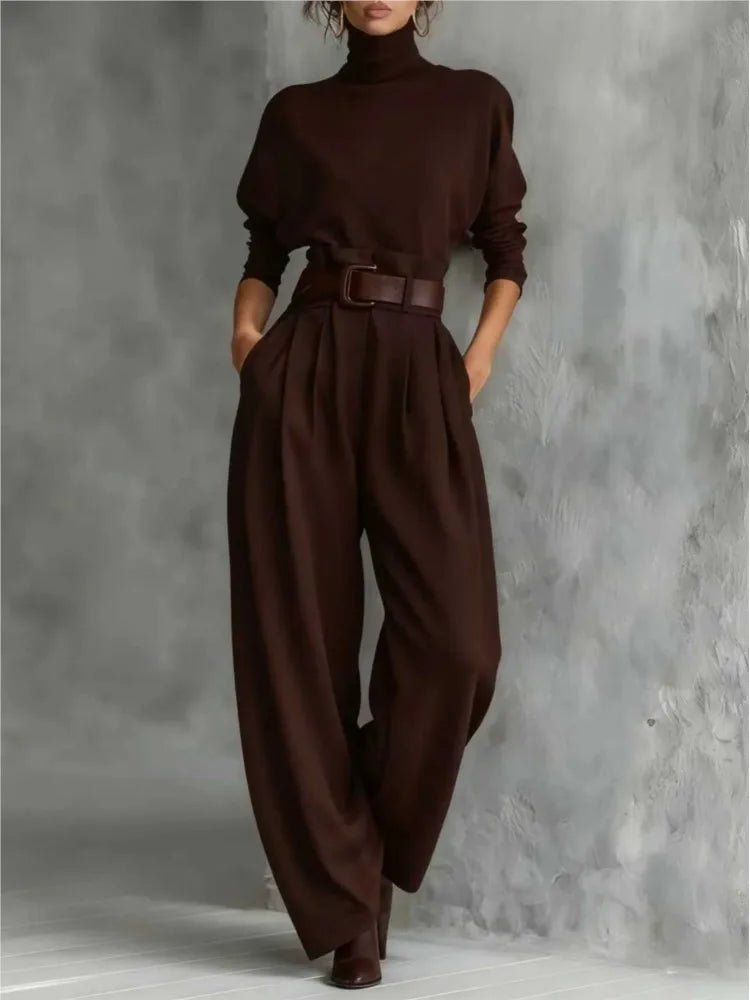 Autumn Winter New Women Elegant Stand Collar Solid High Waisted Trousers With Belt Long Sleeve Top Wide-leg Pants Two-piece Set