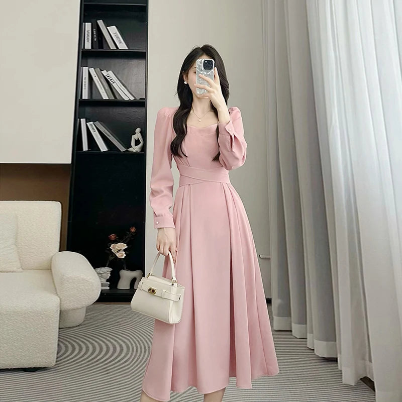 Ele High Waist A-Line Dr Women's Long Sve Square Collar Slimming Formal Ocn Dr Spring Collection