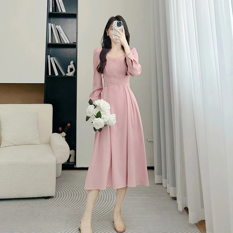 Ele High Waist A-Line Dr Women's Long Sve Square Collar Slimming Formal Ocn Dr Spring Collection