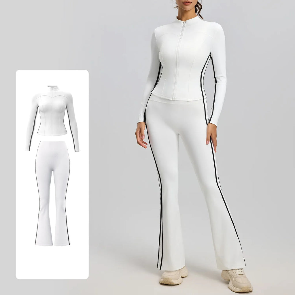 Striped 2pcs Yoga Gym Set Women Long Sleeve Zipper Sport Jacket Hip Lifting Leggings Fitness Running Tops Flare Pants Tracksuit