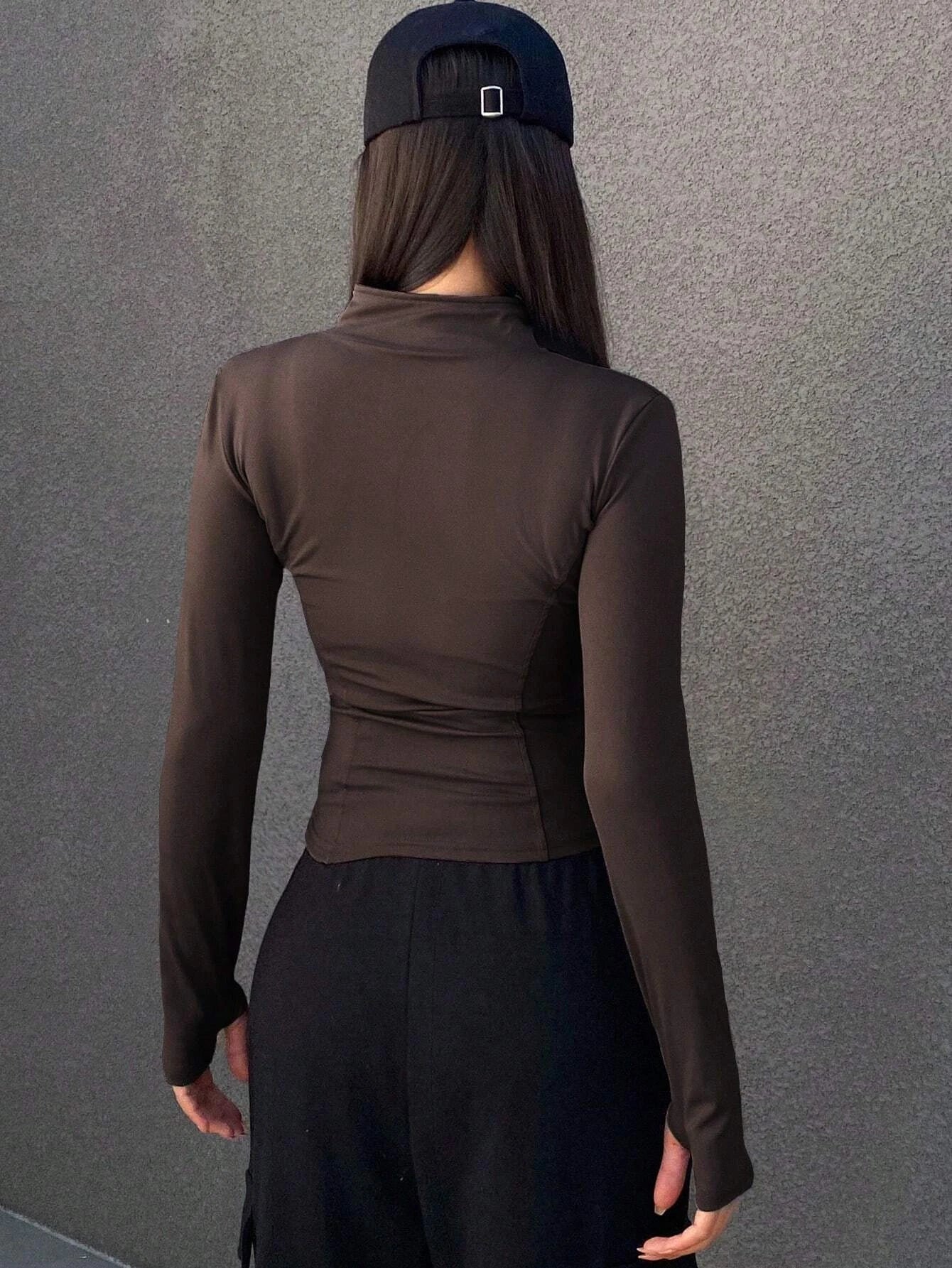 Women's Sport Zipper Closure Slim Fit Crop Jacket Solid Color Stand-up Collar Long Sleeve Yoga Clothes Spring/Autumn Streetwear