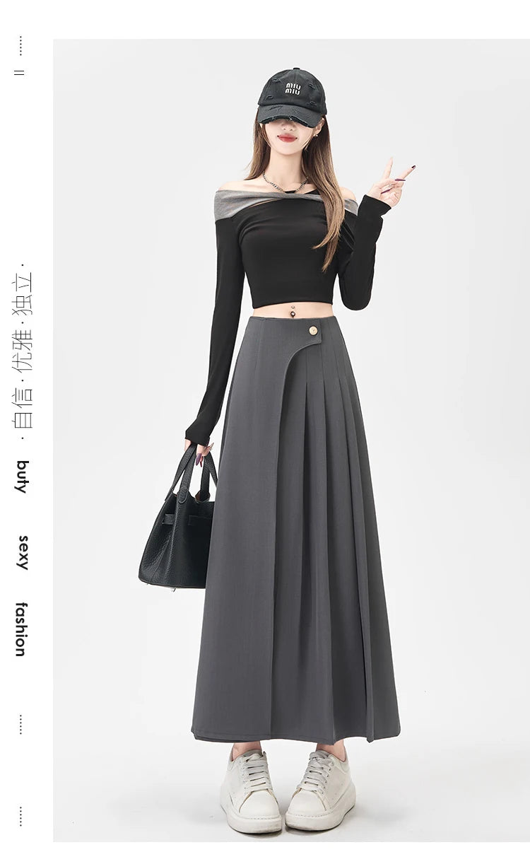 SMTHMA Women's High-Waisted Slimming Solid A- Line Skirt New Fashionable Big Umbrella Skirt Autumn/Winter Season Long Skirt