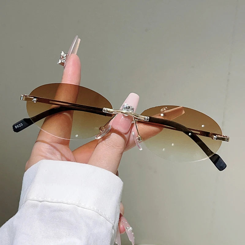 Rimless Oval Sunglasses Women Fashion Gradient Decor Shades Eyewear New Trendy Vintage Brand Design Casual Eyeglasses