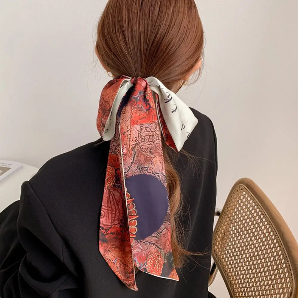 1pc French Scarf Butterfly Tie Hair Retro Oil Print Hair Ribbon Scarf Women Neck Tie Bag Headscarves Floral Bands Headband