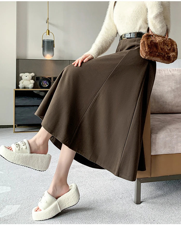 Elegant High Waist A-Line Midi Skirt Women's Fashion Slimming Skirts Autumn Winter New Style Loose Flared Mid-Length Skirts