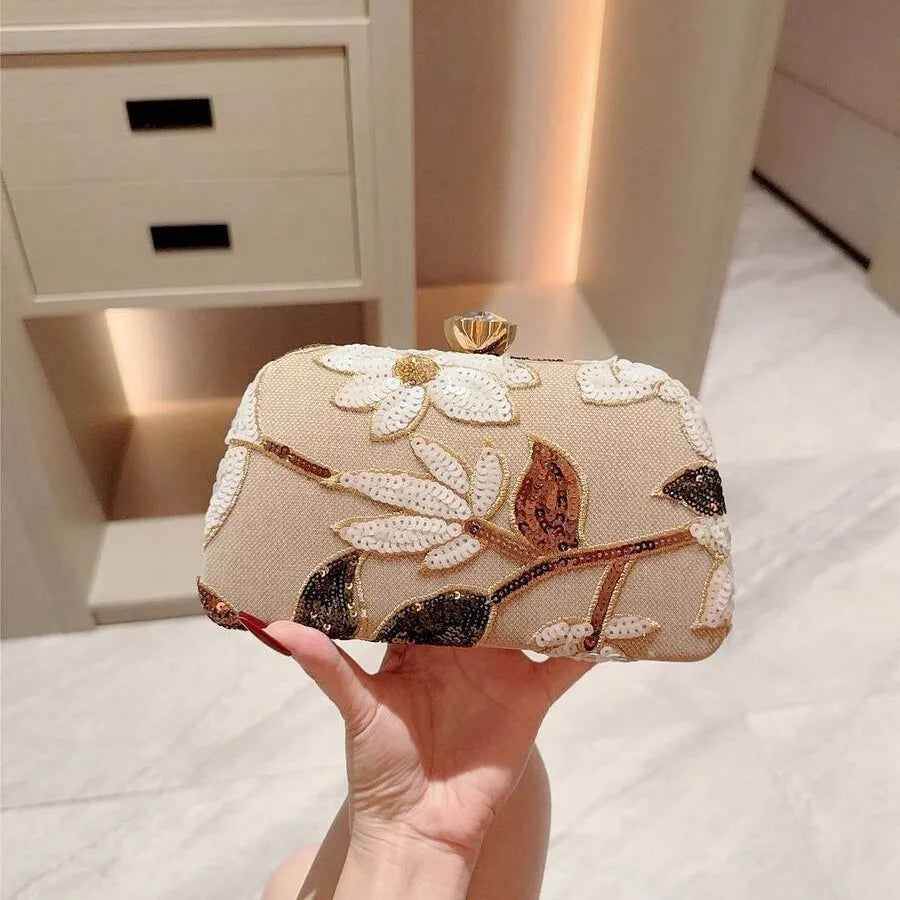 Women Flower Printing Evening Bag sequins Handbag Handmade  Embroidery Clutch Purse Elegant Evening Party Bride Handbag