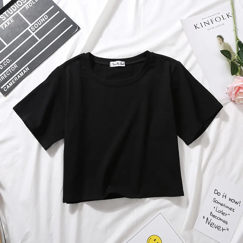 2023 Summer Short Sleeve T Shirts Women Cotton Solid T-shirt O Neck High Waist Crop Top Tee Female Casual Loose T Shirt