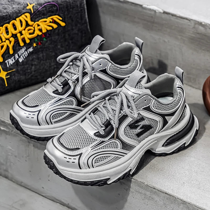 Trendy Unisex Chunky Dad Sneakers | Silver Black Retro Couple Shoes | Breathable Mesh Casual Platform Shoes
