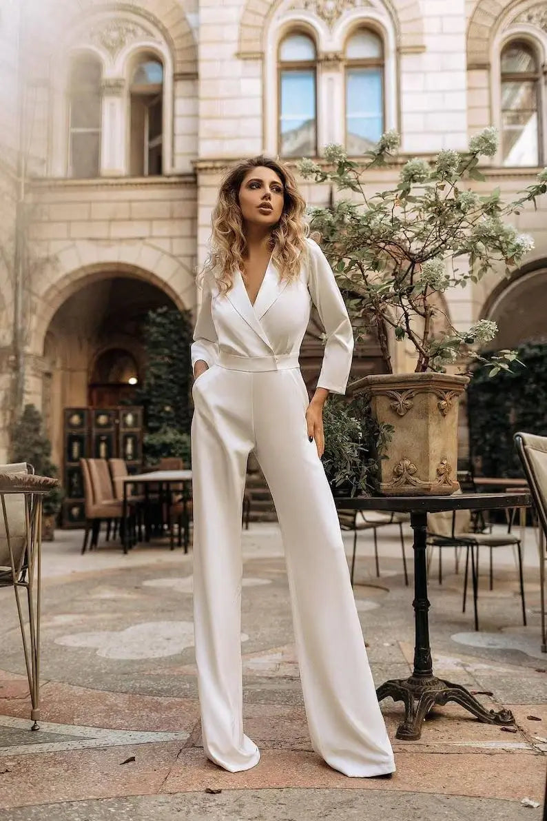 Spring Summer  Jumpsuit Women Mid Waist Elegant Commuting Long Sleeve Suit Overalls Wide Leg Pant Casual Solid Waist Jumpsuit