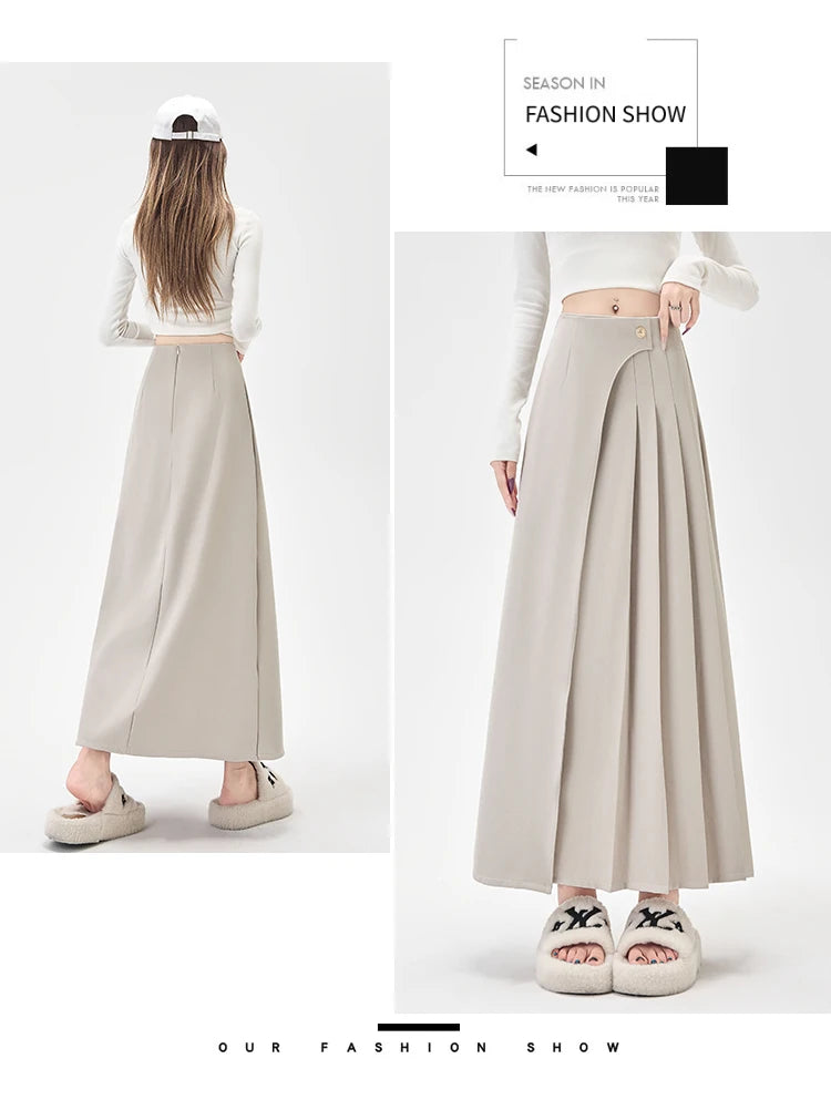 SMTHMA Women's High-Waisted Slimming Solid A- Line Skirt New Fashionable Big Umbrella Skirt Autumn/Winter Season Long Skirt