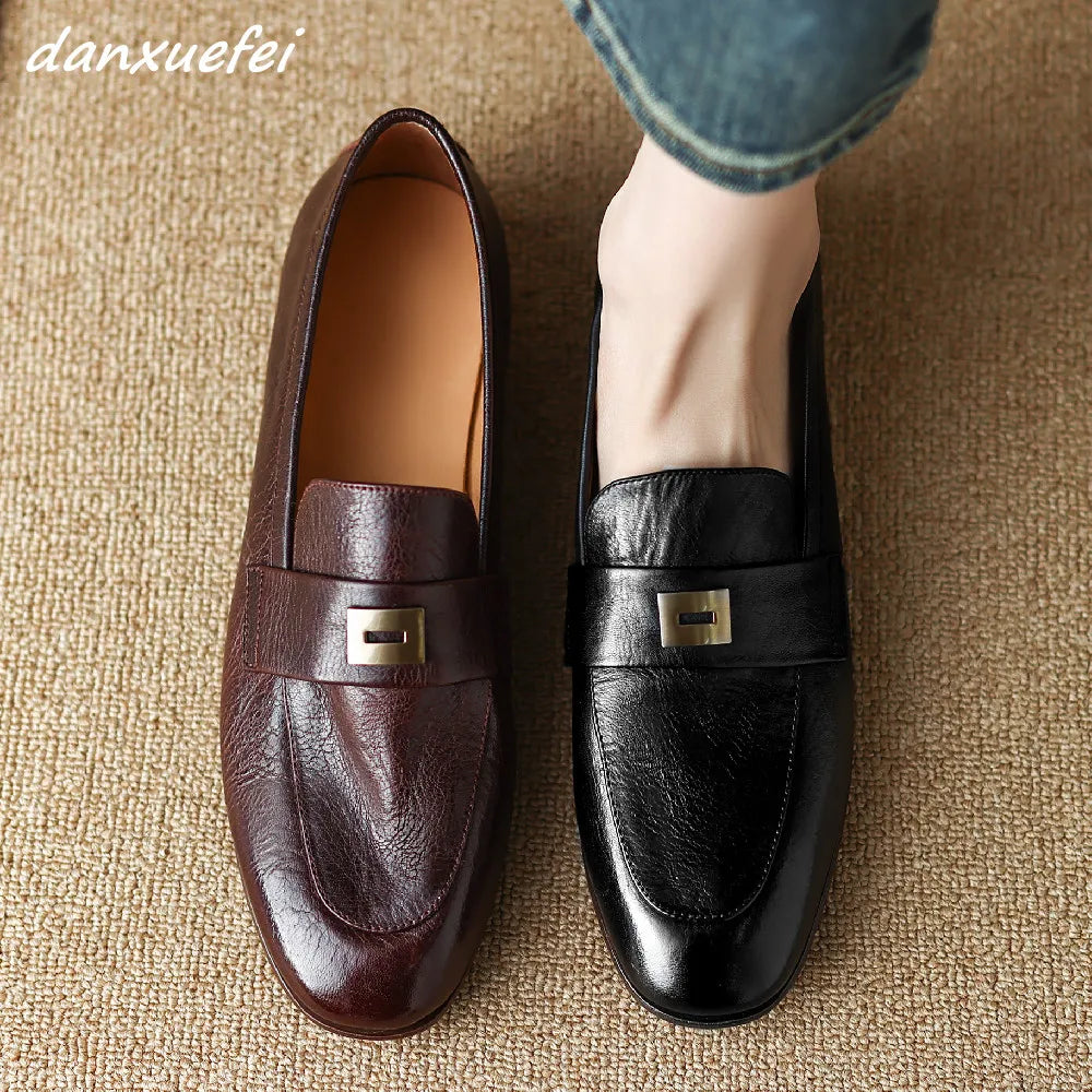 Danxuefei Women’s Leather Slip-On Loafers – Round Toe