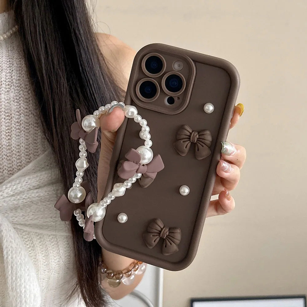 Pearl Bow Chain Phone Case For Redmi Note 14 13 12 11 10 9 8 Pro Plus 11s 13C 12C Women Silicone Back Cover