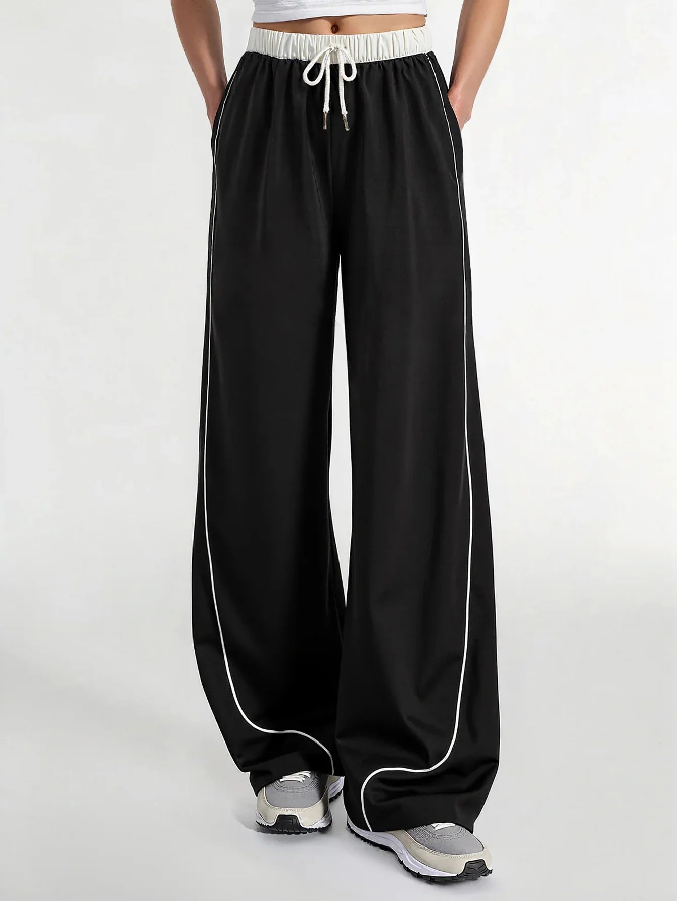Women's Black & White Color Block Elastic Waist Wide Leg Pants | Euro Style Drawstring Piping Draped Flattering Casual Sports Tr