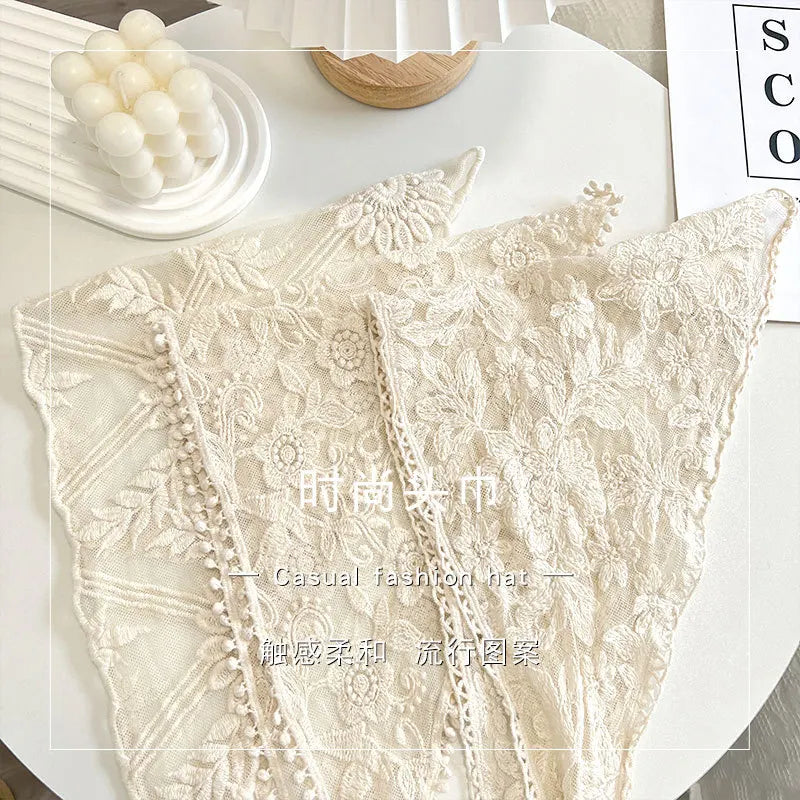 2025 New Style Lace Triangular Binder Headscarf Beige French Farm Style Girl Korean Style Ins Style Lace-up Hair Band Toe Cap
