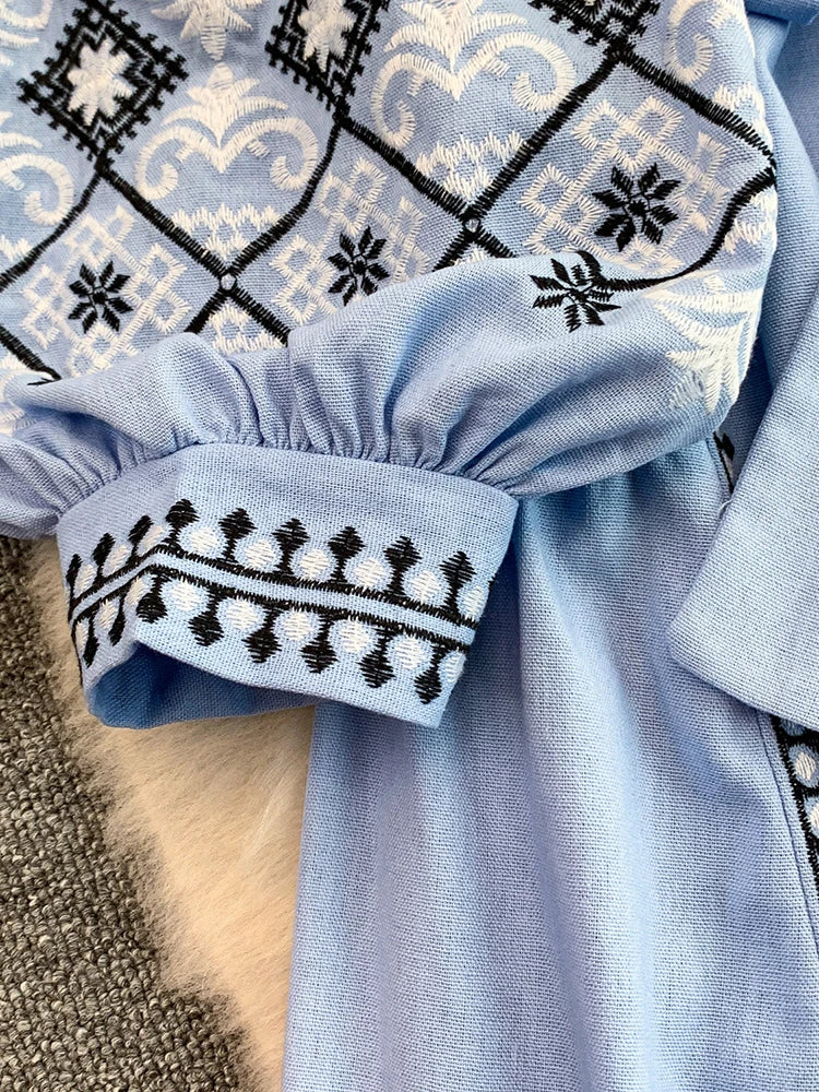 Women's Dress Spring New Style Vintage Embroidery Lace-up O-Neck Versatile Loose Bandage Waist A-line Mid-length Vestidos DS354