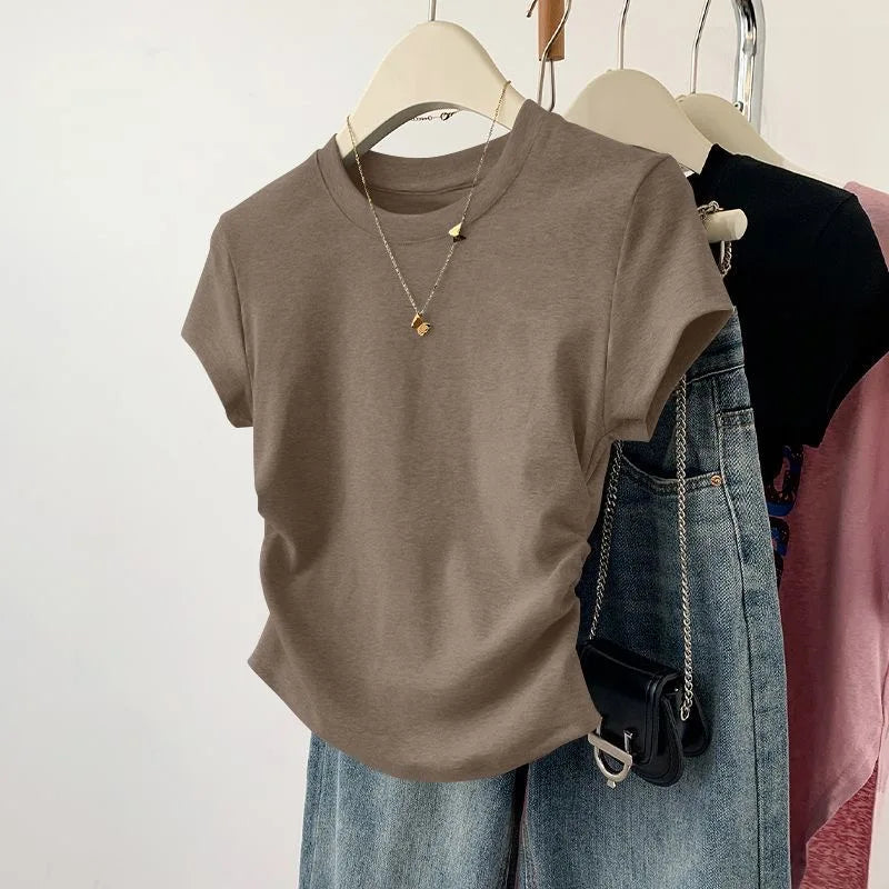 Summer Women's Threaded Waist Cinched U-shaped Hem Slim Irregular Short Sleeved Top for Women Clothing  Tops