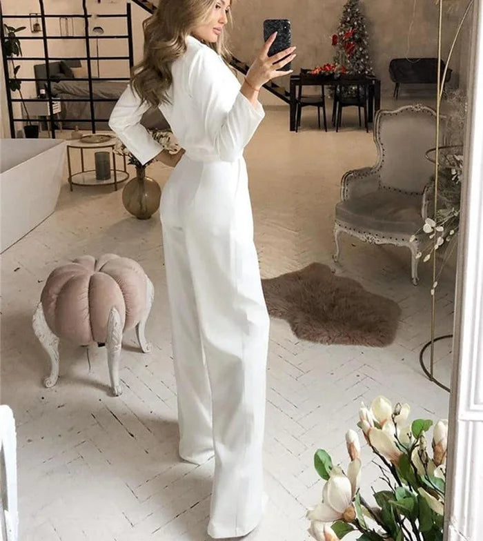 Spring Summer  Jumpsuit Women Mid Waist Elegant Commuting Long Sleeve Suit Overalls Wide Leg Pant Casual Solid Waist Jumpsuit