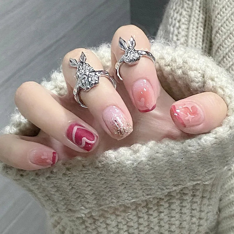 24pcs Detachable Short Press on Nails Y2k rhinestone False Nails with Glue Ballet Sweet Cool Girls Artificial False Nails Tips
