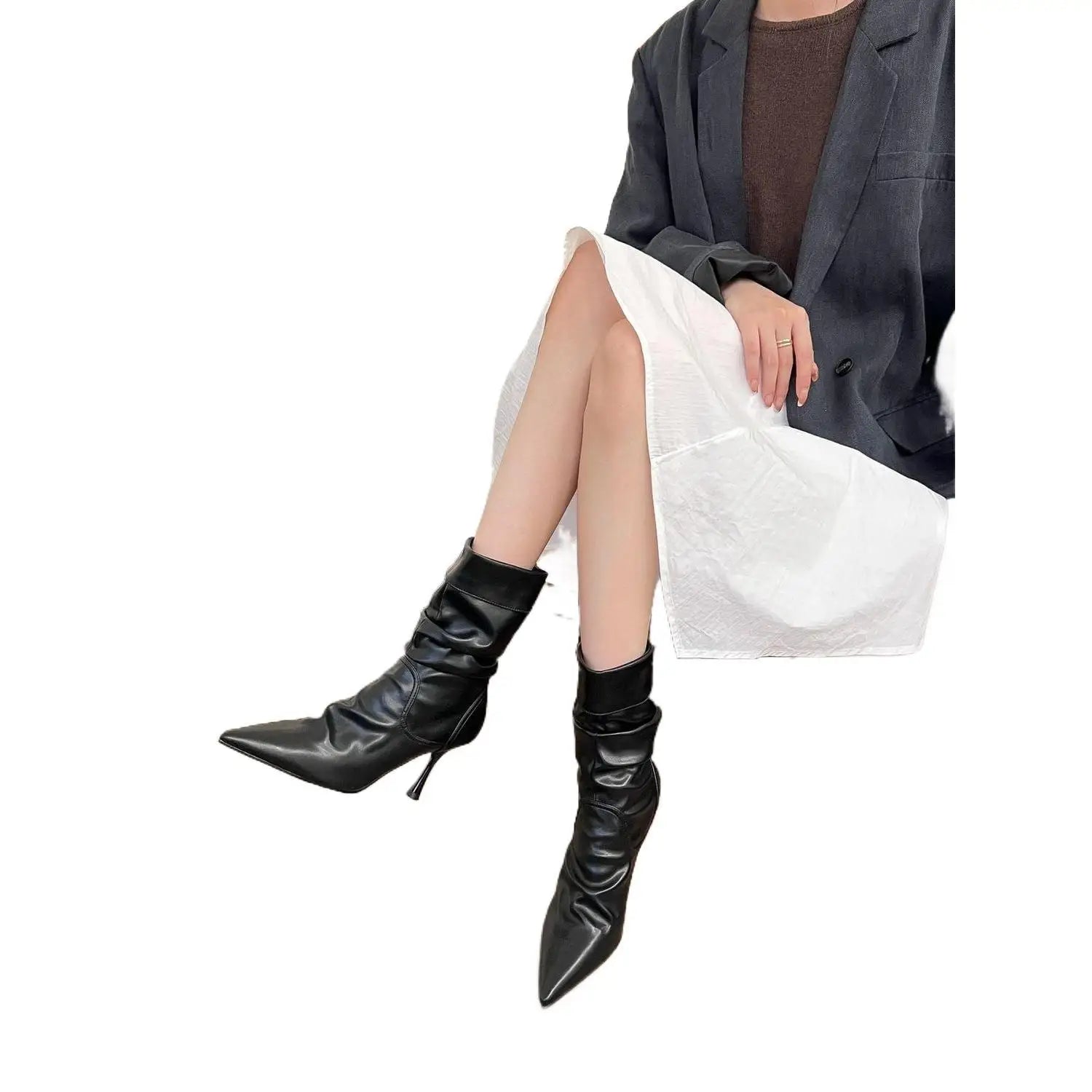 Elastic Short High Heel Boots Women's Autumn Winter Pointed Toe Slim Fit Pleated Booties Mid-Calf Faux Leather Rubber Sole