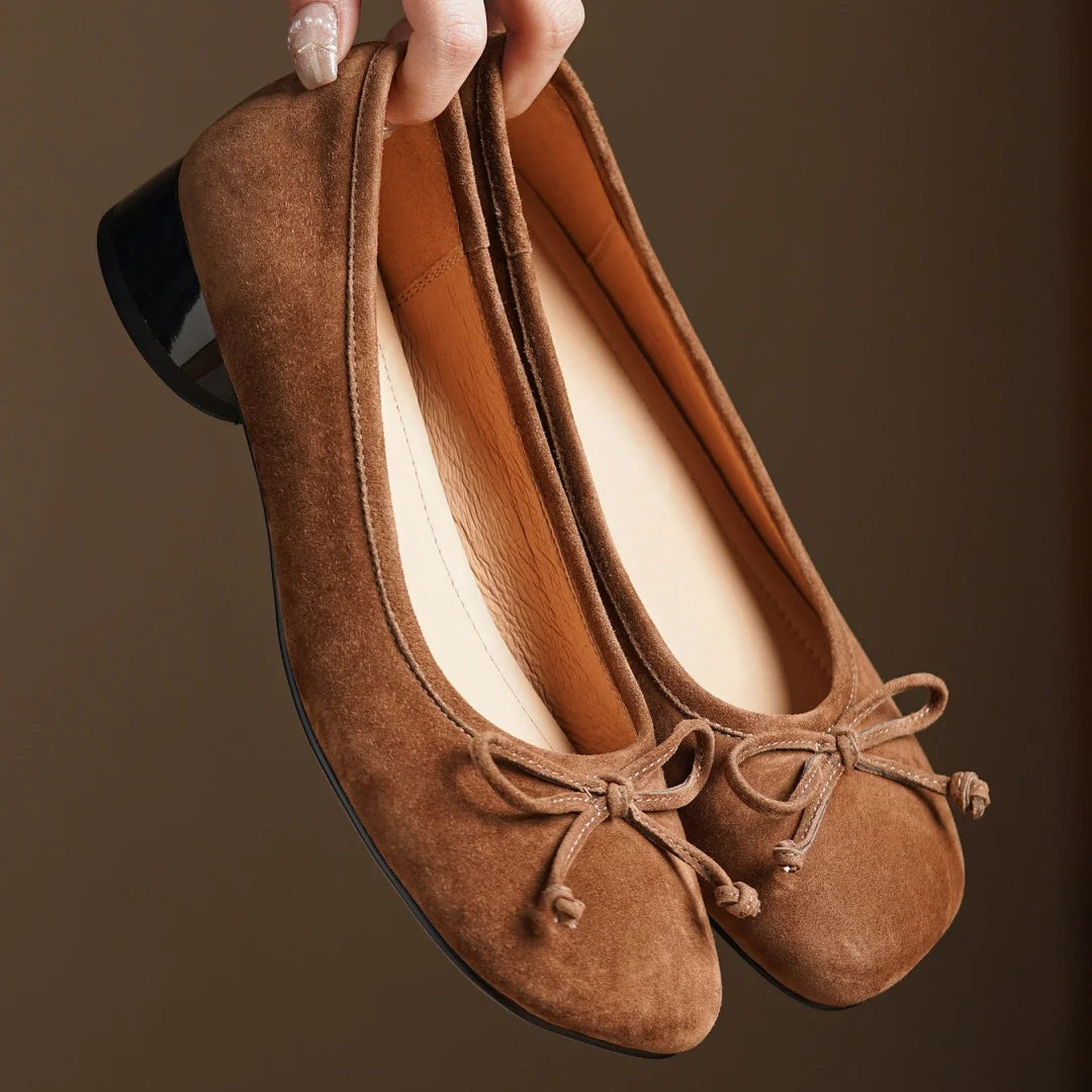 Women's natural suede leather square toe slip-on flats 3cm round low heel sweet bowtie casual female four season shoes for woman
