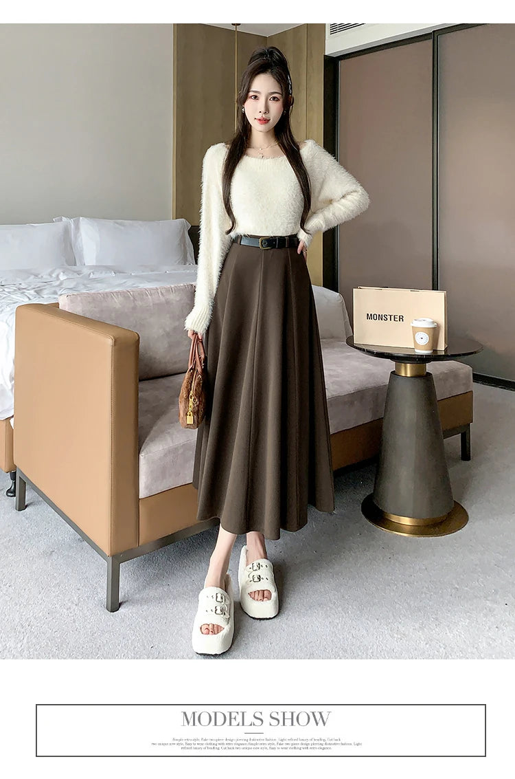 Elegant High Waist A-Line Midi Skirt Women's Fashion Slimming Skirts Autumn Winter New Style Loose Flared Mid-Length Skirts