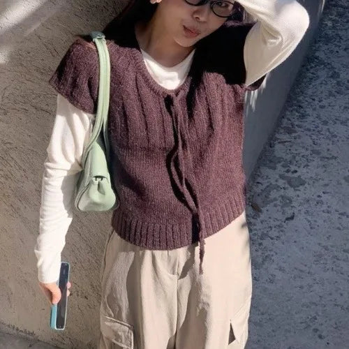 Loose ort Sve Knitted Sweater Women's Dstring Knot  Knot Overhead Sweatirt Casual Sle Online Exclusive