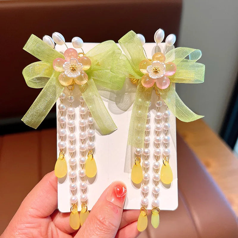 Pink and Blue Ribbon Tassel Hairpin Hair Clip for Children Girl Ancient Style Hanfu Hair Pins Cosplay Hair Accessories