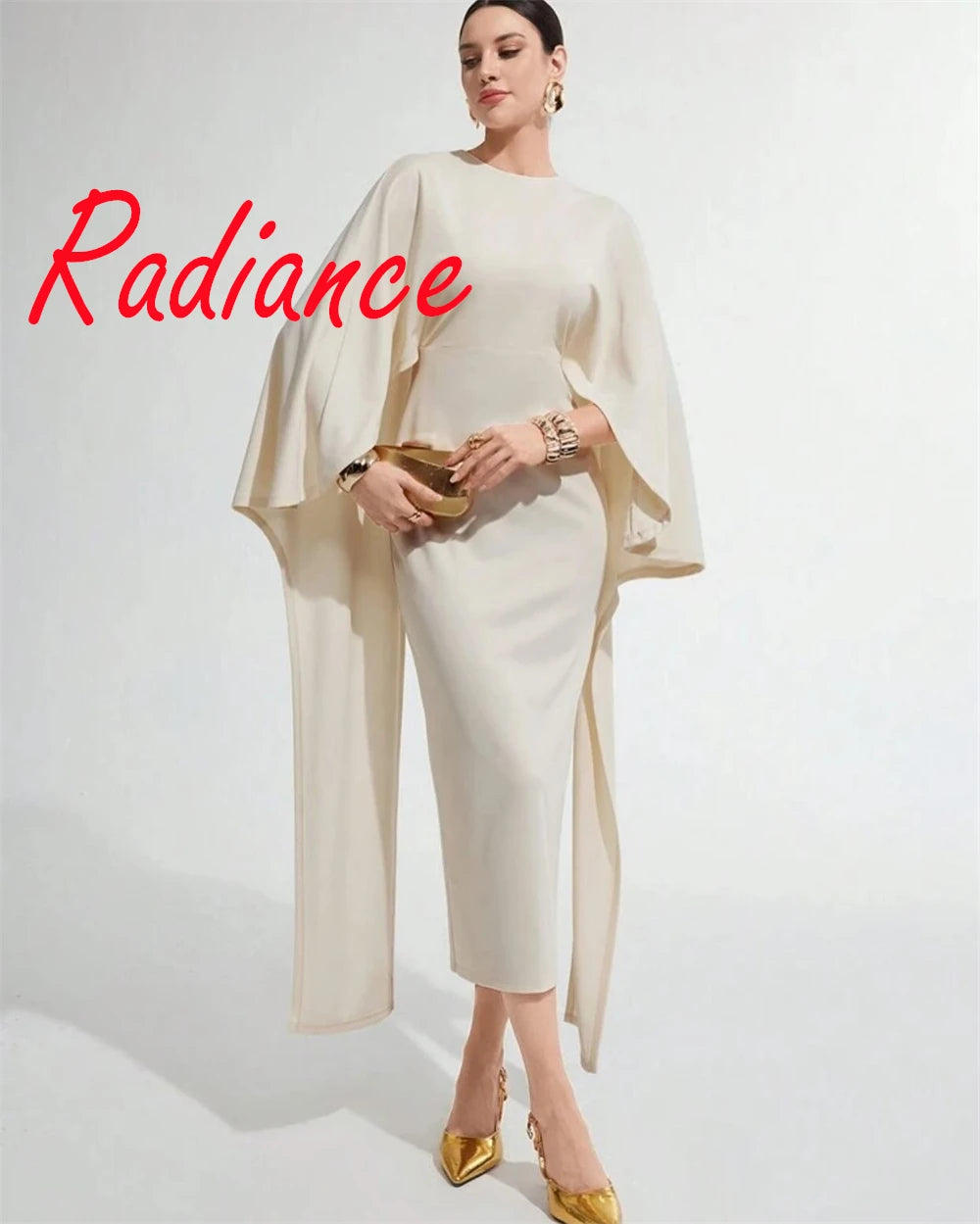 Customized Classic Ivory Satin Evening Dress Temperament Crew Neck Shawl Long Sleeves Zipper Back Bespoke Occasion G