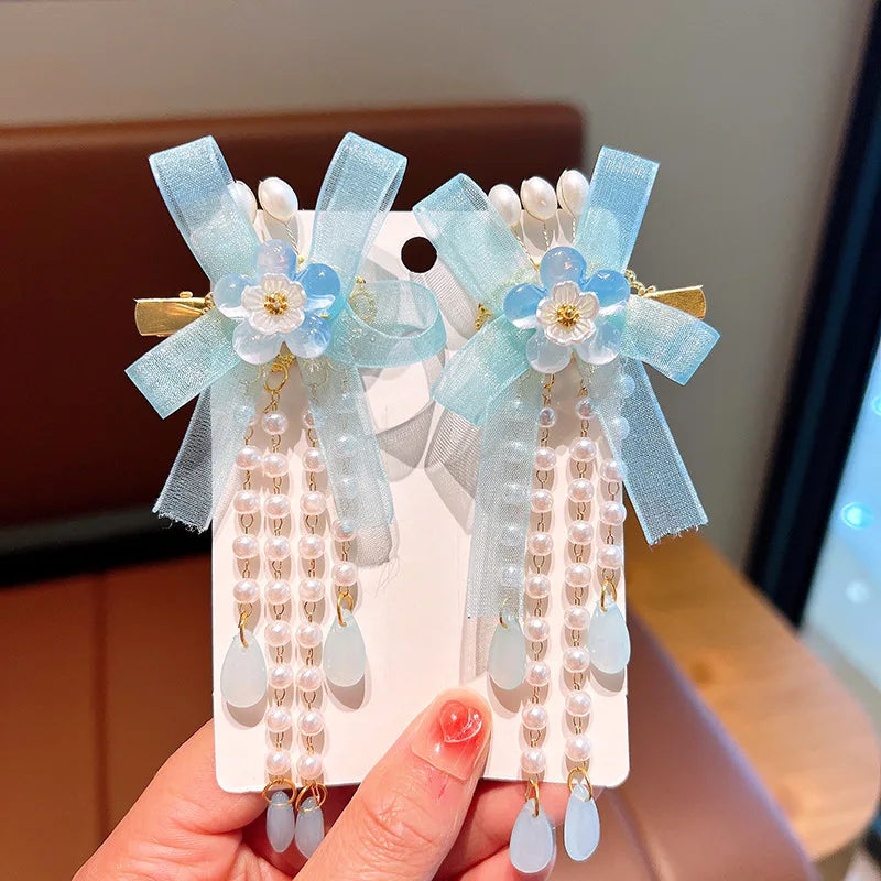 Pink and Blue Ribbon Tassel Hairpin Hair Clip for Children Girl Ancient Style Hanfu Hair Pins Cosplay Hair Accessories