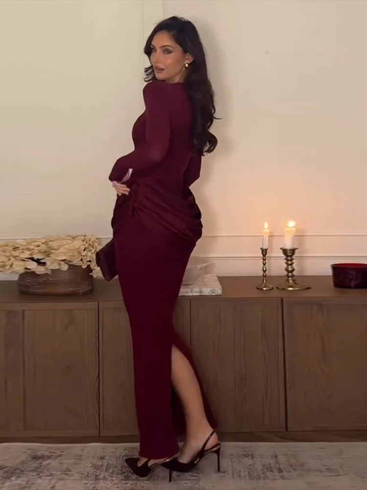 Women Burgundy Long Sleeve Maxi Dress Satin Ruched Waist Bodycon Style Robe Female Autumn Winter Dinners Parties Evening Events
