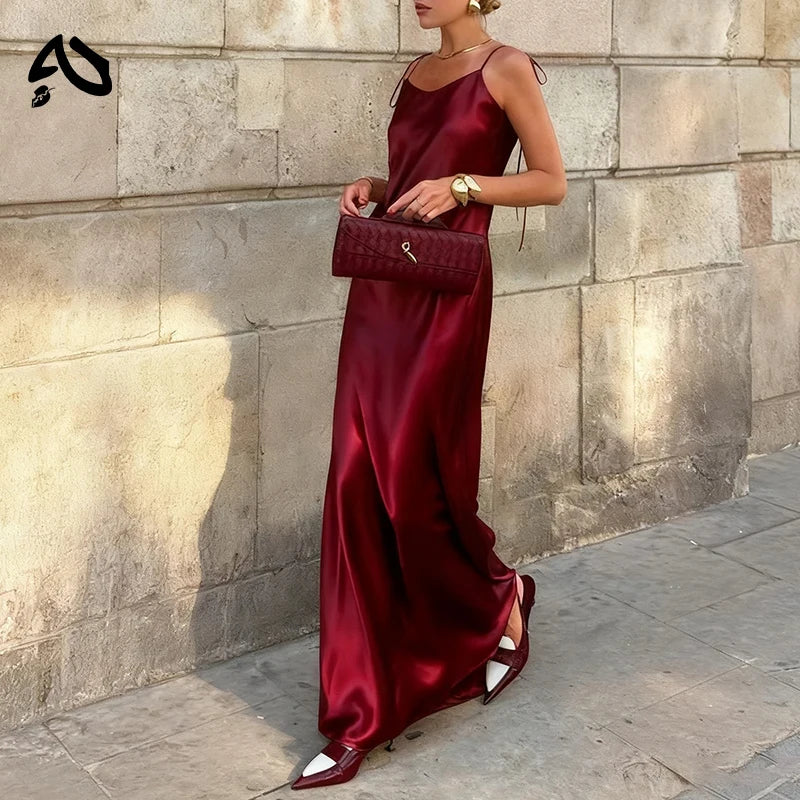 Original Women's Satin Elegant Maxi Dress Sleeveless Sexy Lace-Up Backless Champagne Evening Dress Bridesmaid Long Evening Gown