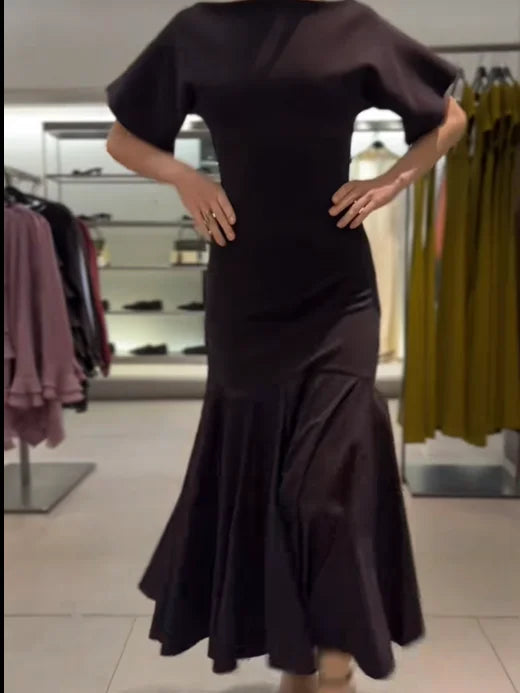 Elegant Patchwork Maxi Dress Women Solid Round Neck Short Sleeve Slim Fit Gowns Lady 2026 New Basic Evening Casual Summer Robes