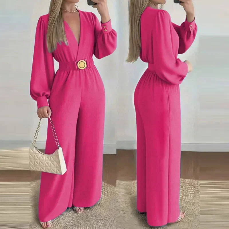 V Neck Solid Long Jumpsuits Fashion Commuting Belt Lace-Up Puff Sleeves Wide Legger Romper Casual Long Sleeve Women's Playsuit