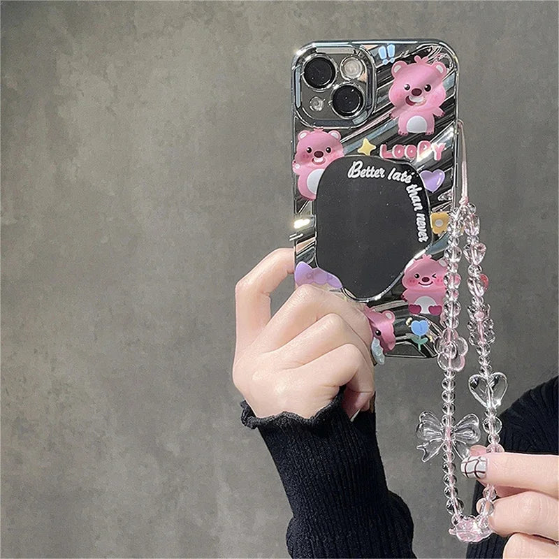 Korean Cute Y2K Pink Bow Bear Heart Beaded Phone Chain Charm Lanyard For iPhone Hanging Rope Girl Jewelry Decoration ﻿