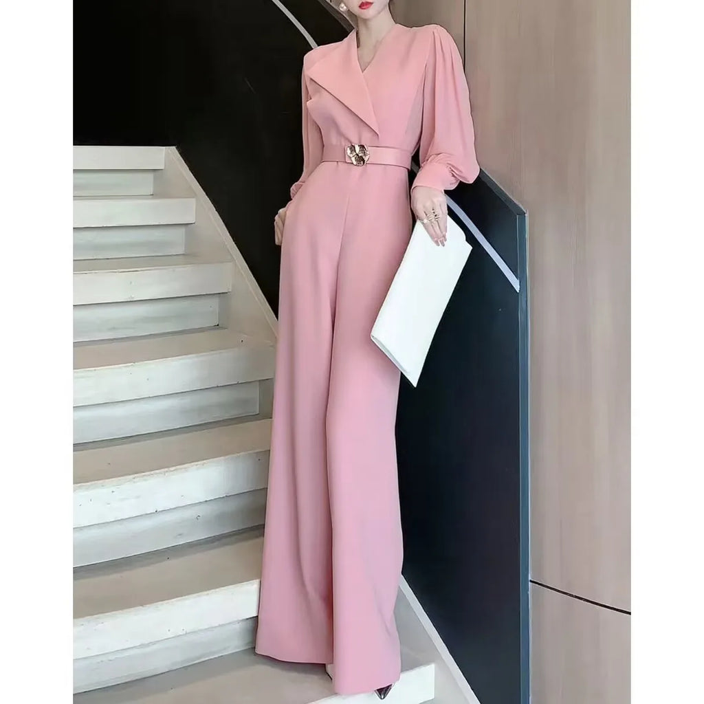 2025 New Spring Autumn Women Long Jumpsuits Fashion Elegant Office Lady Long Sleeve Wide Leg Pants Rompers