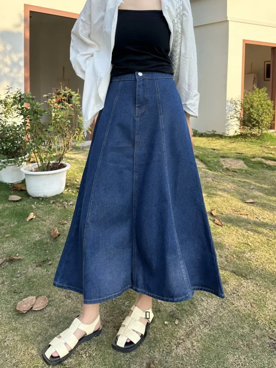 High Waist A- Line Midi Denim Skirt Women's Elastic Waist Design Sensation Slimming Long Skirt Summer Fashion Half-length Skirt