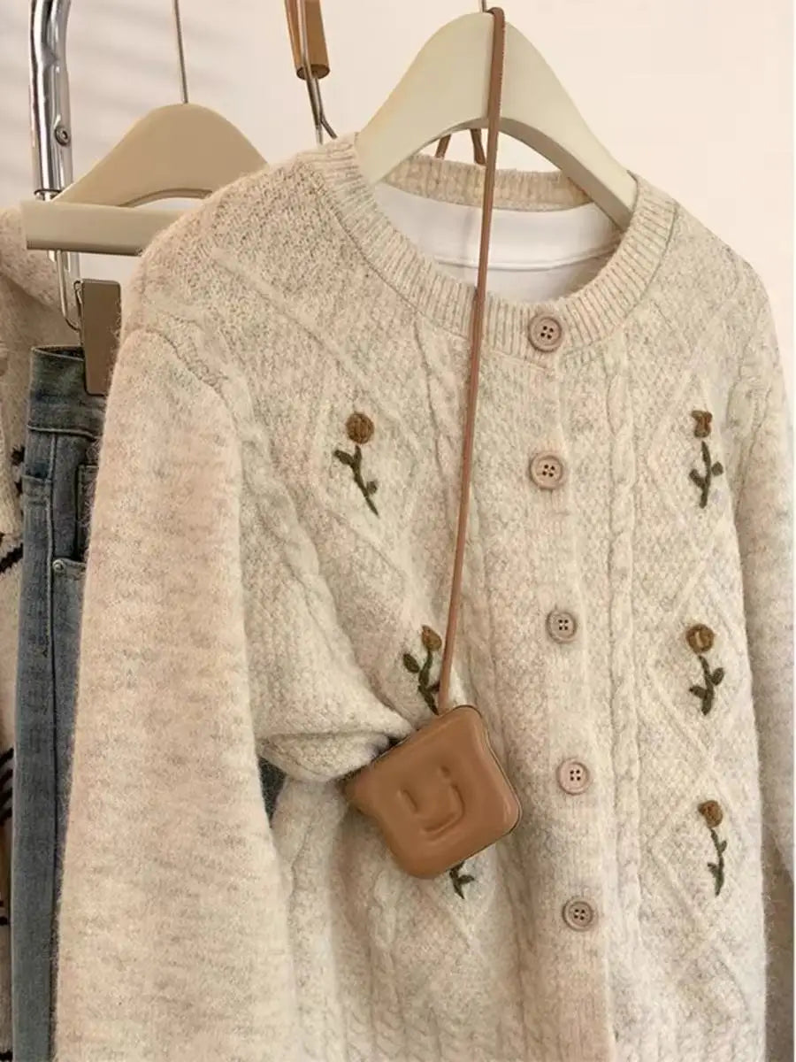 Korean Style Embroidered Knitwear Long Sleeve round Neck Women's Outerwear Spring Autumn New Style Thickened Cardigan Top