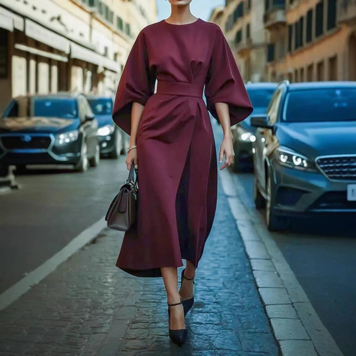 Women Dresses 2026 fashion elegant round o neck solid color waist-cinching casual batsleeve long dress clothing vestidoes