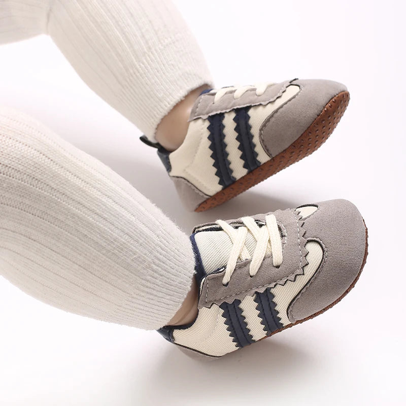 Baby Boys First Walkers – Soft Sole Striped Sneakers (0-12M)