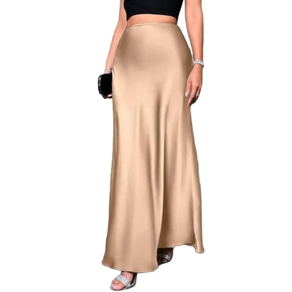 Women Fishtail Skirt Elegant High Waist Flattering Silhouette Satin Skirt Solid Color Smooth Surface A-Line Maxi Skirt